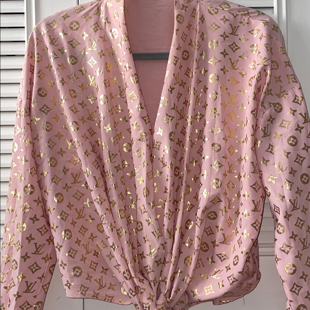 Copy -Louis Vuitton silky ballerina wrap around button pink gold shirt Top